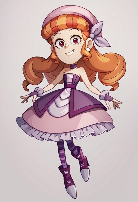 score_9, score_8_up, score_7_up BREAK TeoV, 1girl, orange hair, hair drills, red eyes, white pearl earrings, pink beret, lavender hair bow, purple choker, frilly purple fingerless gloves, open strapless purple fitted bodice jacket, purple belt, pink lavender layered dress, striped purple stockings, high-heeled purple boots, smiling at viewer, full body,