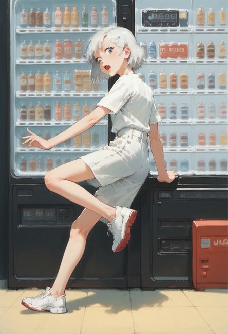 score_9,score_8_up,score_7_up, source_anime, anime,
<lora:jihankiKickPony:0.7> jihanki kick, jihanki, vending machine, 
motion blur, 
1girl, 
skinny,
detailed eyes, 
anime, 
white hair,
blue eyes,
leg up,
pants,
back angle, 
white sneakers, 
(kicks vending machine:1.4),
broken glass,
drinks on the floor,
BREAK
robot, futuristic design, metallic shine, intricate detailing, sharp edges, mechanical joints, high-tech, cybernetic structure, industrial aesthetic, reflective metal surfaces,