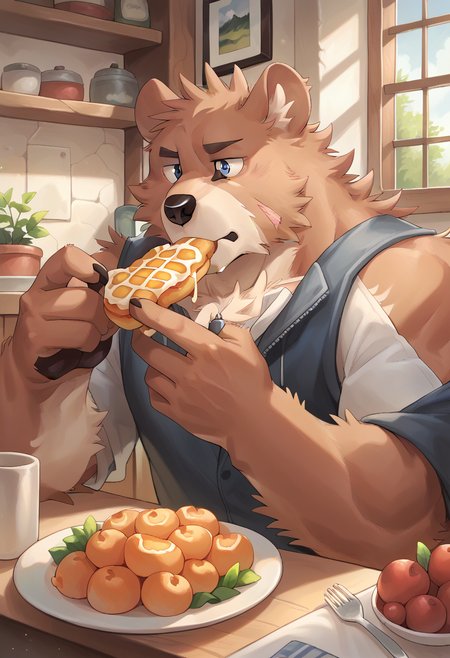 score_9, score_8_up, score_7_up, high quality, hires, by tupidwithouts, 1boy, solo, furry, bear, grey eyes, muscular, bara, eating, detailed background, inside, <lora:TupidwithoutS_style:1.2>