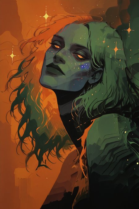 A backlit acrylic of a determined head tilt portrait, featuring a female  model with neon fantasy, her silhouette glowing against a stark white canvas. Iridescent pastel hues shimmer across her features, blending with vivid colors in a dark, moody atmosphere. minimal brush strokes . The interplay of light and shadow enhances the ethereal glow, giving the piece a dreamlike yet resolute presence, where softness meets strength in a mesmerizing contrast, cosmic patterns, glowing skin, green theme, orange theme, sparkle theme, detailed eyes, stark lighting, acrylic colors, <lora:Gen13_CartoonILL:0.41> <lora:Vo1d_Sp3ctrum-final-v1:0.5> <lora:g4n1m3XLP:0.9> <lora:add-detail-xl:2> <lora:Vera-final-v1:0.9> <lora:fennerILL:0.55> <lora:Flatline_-_Illus_x_Niji_checkpoint-e18_s306:0.39> <lora:nhl-001-20:0.85> <lora:Vaporwave_v2:0.95>