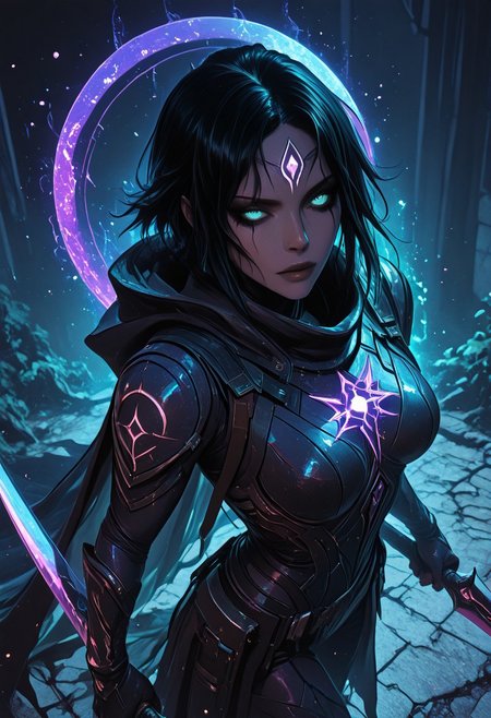(masterpiece), (best quality), 8k, 1girl, celestial assassin, intense low lighting, glowing crescent blades, holding up blades, purple glow, dual-wielding, shadowed face, glowing eyes, dark eclipse sky behind her, glowing voidlight aura, Void crown, mystical sigils on ground, standing on fallen enemy, long flowing cloak fluttering, sci-fi fantasy armor with celestial patterns, moonlit silhouette, cinematic perspective, ethereal particles, solemn expression, radiant eclipse corona, sleek asymmetrical hairstyle, atmosphere of silent finality, black eyeshadow, 
Unique, close up, cowboy shot, dutch angle, foreshortening, 
From above, Looking at viewer, Close up, Face Focus,