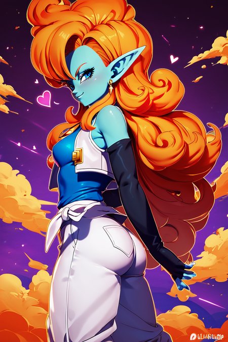 score_9, score_8_up, score_8, medium breasts, (curvy), cute, eyelashes,       BREAK, ,  zZangya, blue eyes, blue skin, pointy ears, orange hair, curly hair, long hair, big hair,  jewelry, necklace, detached sleeves, bare shoulders, vest, gloves, white baggy pants, <lora:Zangya_Dragonball_PDXL:0.8>, , BREAK, smile, looking at viewer, cowboy shot, side view, ass,  ,,, embedding:zPDXL, Expressiveh, ,,, <lora:Zy0n7_PDXL:0.8>, <lora:SDXLFaeTastic2400:0.5>, <lora:Expressive_H-000001:0.4>,