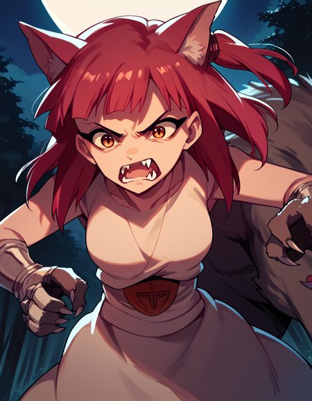 score_9, score_8_up, score_7_up, source_anime, <lora:magi-morgiana-s1-ponyxl-lora-nochekaiser:1>, morgiana, orange eyes, red hair, one side up, medium breasts,, <lora:werewolf-ponyxl-lora-nochekaiser:1>, werewolf, furry, fangs, animal ears, gloves, angry, teeth, animal ear fluff,, forest, night, moon, open mouth, , dutch angle, cowboy shot