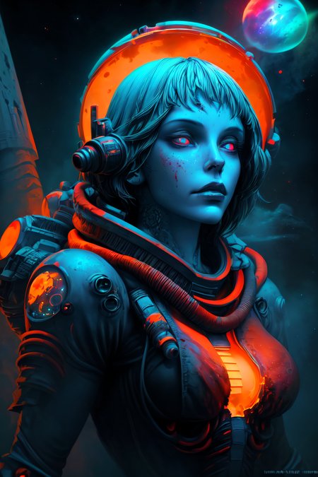 retroart style, dark fantasy aesthetics, sci-fi, high-tech, epic scene, dark and moody statuesque woman, (busty:1.1), detailliert face, stunning beauty, (upper body:1.2), (blue and orange biomechanical suit), looking up, (ancient alien ruins in backround), evil mystic, glowing particles, (with many sparkling particles floating around), smoke, (beautiful cosmic background full of planets and blood nebula:1.3), misty,  (highest quality), (ultra detailed), (cinematic lighting), sharp focus, digital panting, 3 d art, artwork,  <lora:add_detail:1>  <lora:detailed_notrigger:1>  <lora:Blanche:1>