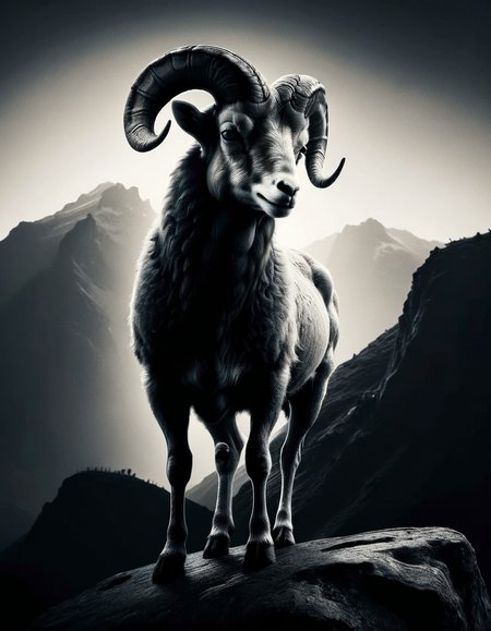 a ram standing on a rock on a mountain <lora:ral-chrosc-bw:1> ral-chrosc-bw
