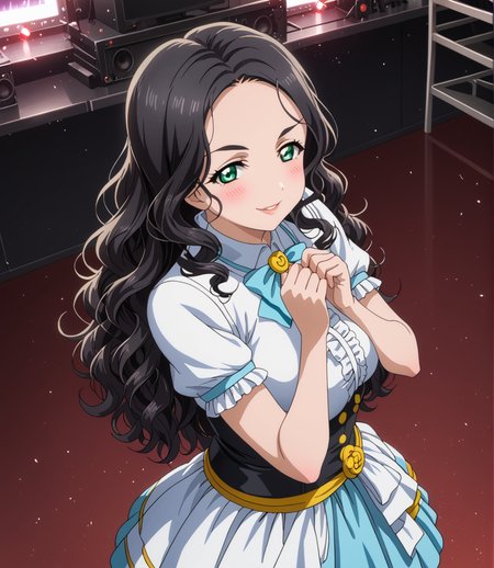 PonyScores7, source_anime, ah1, BREAK 1girl, (curly hair), long hair, (black hair:1.3), mature female, (parted hair:1.7), (round face:1.2), (thick eyebrows), (curvy), round-chin, (greenish hazel eyes), caucasian, (downturned eyes:1.2), (plump face), <lora:ETO_OCPonyXL:0.5> eto_oc, skindentation, (plump), thick thighs, wide hips, busty, voluptuous, kinky curls, lips, <lora:venus body PonyXL:0.4>,  (shy, blush, smirking at viewer), (Summoning the Power of the Ancients), (stage, stage lights), looking at viewer, (<lora:idol_dress-PD-1.0:0.8> idol dress), BREAK <lora:xl_more_art-full_v1:0.2>, <lora:shinyskin2:0.2> glistening skin, <lora:aesthetic_anime_v1s:0.2>, <lora:Expressive_H:0.2> Expressiveh, <lora:hairdetailpxl:0.2> hairdetailpxl, <lora:EpicF4nta5yXL:0.2>, <lora:detailxl:0.2> detailxl, <lora:Fant5yP0ny:0.2>, best quality, amazing quality, best aesthetic, absurdres, <lora:expressive eyes:0.2> expressive eyes, <lora:eyedetailpxl:0.2> eyedetailpxl, illustration, Volumetric_Lighting, ultra-detailed, very aesthetic, intricate details, 8k, masterpiece, best_quality, BREAK (High Angle (from the side) view medium Close shot (focus on waist)), BREAK <lora:Eyes_High_Definition:0.3> EyesHD, Stable_Yogis_PDXL_Positives, AS-Adult, <lora:Complicated fantasy portrait - XL Pony V2.0:0.4>, bad-hands-5, <lora:Love_Live:1>