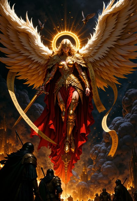 Highly detailed and dramatic digital artwork featuring a powerful angelic woman in the center, surrounded by a dramatic, dark background. The central figure is clad in ornate golden armor with red accents, featuring large, white, feathered wings spread wide. The gorgeous angel is hovering in the air. A radiant halo of light emanates from behind her head, casting a divine glow. The angel holds a sword in her right hand, and a scroll unfurls from the left hand, inscribed with ancient text. Below, three armored soldiers with helmets and rifles stand on a fiery battlefield, adding a sense of conflict and intensity. The overall composition is dynamic, with a strong contrast between the celestial figure and the dark, smoky environment, emphasizing themes of battle and divinity. <lora:FluxMythP0rtr4itStyle:0.6> <lora:flux.1_lora_flyway_Epic-Characters_v1:0.6> <lora:Elden_Ring_-_Yoshitaka_Amano:0.33>