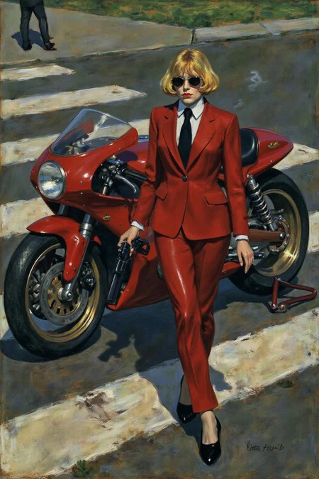 lautrec1 painting
Overhead shot of an Blonde woman walking away from a futuristic motorcycle parked at a zebra crossing. The woman has bob hair, is smoking. She wear a red business suit, white shirt, black tie, and sunglasses. She holds a gun with a confident grip. The motorcycle itself is red, sleek and metallic, with intricate designs and a futuristic vibe  <lora:lautrec4_nocap_d6a3:1.0><lora:813629954773317282:0>