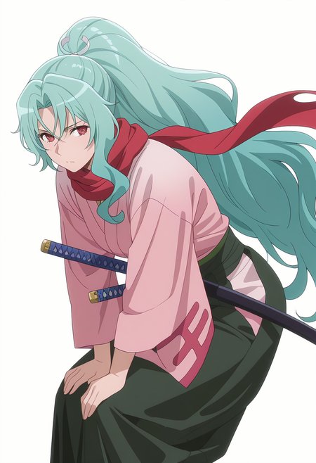 Smooth Quality,masterpiece, ultra realistic,
simple background, white background,
dynamic angle,@ @,hand on own knee ,
 <lora:Tomoecnn:0.8> sofia/cnn, 1girl, long hair, scarf, ponytail, red eyes, japanese clothes, katana, green hair, very long hair,
