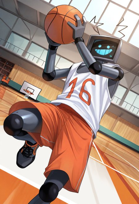 very awa, masterpiece, best quality, absurdres, newest, perfect quality, detailed background, intricate details, offical art, source_cartoon,
1boy, male, male only, male focus, no human, solo,
(HexFNF, robot, basketball uniform, white tank top, orange shorts),
basketball court, detailed background, dynamic angle, dynamic pose, dutch angle, 
grin, looking at viewer, holding, holding basketball,
 <lora:HexIL2:1>