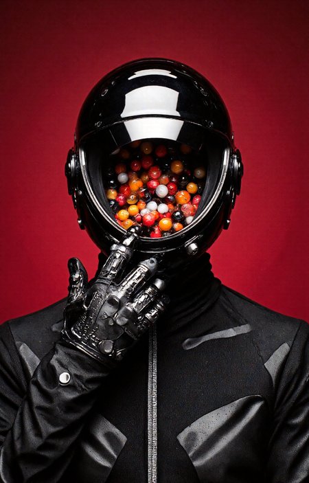 artwork featuring a futuristic, abstract human figure set against a deep, rich red background. The figure is adorned with a sleek, reflective helmet that covers the head and part of the neck. The helmet is glossy, with a transparent visor that reveals a mouthful of colorful, spherical objects, possibly candy or small marbles in shades of red, orange, yellow, and white, floating in mid-air. The visor is surrounded by metallic, angular detailing, giving it a high-tech, sci-fi appearance.The figure's body is encased in a black, form-fitting suit with a high collar, suggesting a futuristic, possibly military or space suit. The suit's texture is smooth and reflective, mirroring the helmet. The figure's hands are gloved in black, with visible mechanical components and joints, indicating advanced technology. The gloves are adorned with small, intricate patterns and textures, adding to the high-tech aesthetic.The overall style of the artwork is highly detailed and polished, with a focus on smooth, reflective surfaces and precise, geometric shapes. The color palette is primarily black, red, and metallic, with the vivid, colorful objects in the visor providing a stark contrast. The image is a blend of realism and abstraction, combining elements of fashion. ,aidmaimageupgrader, aidmaMJ6.1 <lora:aidmaMJ6.1-FLUX-v0.5:0.7> <lora:aidmaImageUprader-FLUX-v0.3:0.4>