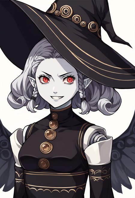 score_9, score_8_up, score_7_up, source_anime, 1girl, grin, <lora:zs_AgratXL:1> agratsmtvv, curly hair, grey hair, twin braids, colored skin, grey skin, red eyes, pointy ears, witch hat, black dress, detached sleeves, black wings, doll joints, <lora:zs_ZeroAzurePortraitsXL:1> zeroazureportraits, solo, upper body, simple background, upper body