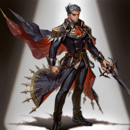 <lora:Zahar_Alchemist_Code-000003:.5> tagatamezahar, 1boy, grey hair, black sclera, red eyes, hair ornament, solo, muscle body, male focus, manly, mature male, collared shirt, ascot, long sleeves, cape, coat, belt, pants, holding sword, shoes, armor
(very short hair, beard, bara, mature, facial hair, stubble, beard, full beard, sideburn, beard, a lot of beard, ), facial hair,male focus, muscular male, muscular male, bara, mature,  bara, mature, aixiwuganda_(20222192), very awa, masterpiece, best quality, absurdres, newest, perfect quality, detailed background, intricate details,
<lora:slider_Body Type_alpha1.0_rank4_noxattn_last:3><lora:Anime Summer Days 2 Style SDXL_LoRA_Pony Diffusion V6 XL:.6><lora:slider_cfg_scale_boost:.7><lora:Artist6p:.55>, Artist6p, Artist04p,<lora:slider_il_brightness_slider_d1:-1><lora:slider_il_contrast_slider_d1:-1><lora:slider_DarkSlider1.2_alpha1.0_rank16_full_300steps:-.6>