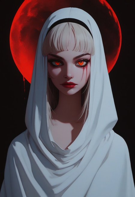 <lora:IOS_Iridescent_opal_style:0.6> shiny skin ,highly detailed,cinematic lighting, masterpiece, best quality, highres, intricate details, stunning,perfect face, detailed, skin saturation, epic realism, score_9, score_8_up, score_7_up,(realistic lighting),godrays,
1girl, score_9, score_8_up, score_7_up, flat color, g4n1m3, comicbookpage style, high contrast, 
a surreal, haunting illustration featuring a ghostly figure standing under a massive red moon against a dark purple and pink sky. The figure is covered in a maroon bloody sheet with glowing yellow cat eyes visible through the fabric, creating a mysterious, ominous presence. They are holding a black cat with similar glowing red eyes, which adds to the eerie atmosphere. The background includes dark silhouettes of plants and abstract shapes, enhancing the supernatural and unsettling vibe. The overall color palette is dominated by reds, purples, and deep shadows, evoking a gothic, otherworldly mood
abstract background,((night)) ,