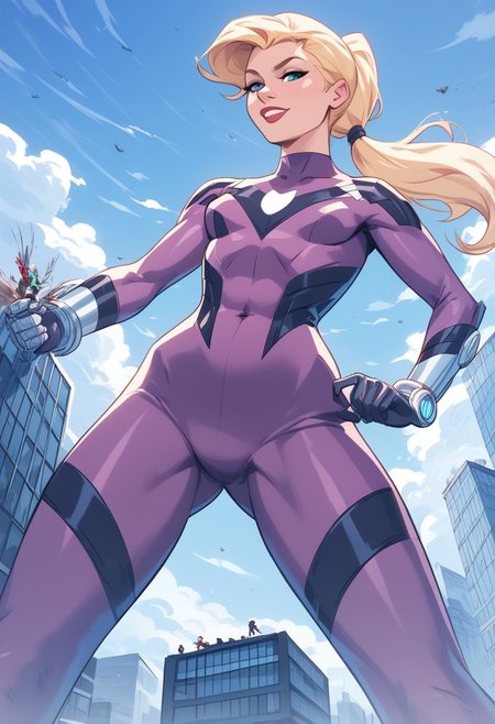 T1mmStyl3,,score_9, score_8_up, score_7_up, score_6_up, masterpiece, best quality, <lora:Cassie_Lang_-_Marvel_Comics_Pony:1> 1girl, solo,st1nger, bodysuit, blonde hair, ponytail,  from below,giantess,straight legs,small breasts