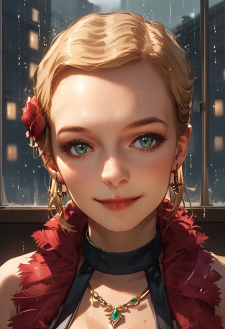 SCORE_9, SCORE_8_UP, SOURCE_ANIME, PORTRAIT, CLOSE UP, FACE FOCUS, SUBTLE SMILE, 1GIRL, SOLO, JESSICA ROSE, BLONDE HAIR, GREEN EYES, CHIGNON, HAIR FLOWER, CHOKER, EARRINGS, FEATHER BOA, COREST, TIERED MINISKIRT, 1ARM CUFF, BRACELETS, ELBOW GLOVES, NECKLACE, BREAK, DARK CITY, RAINING