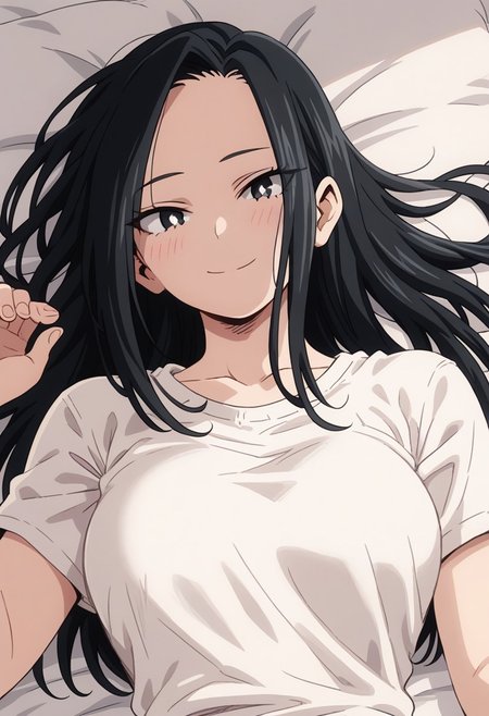 momo_yaoyorozu, 1girl, 1girl,score_9, score_8_up, score_7_up, black hair, black eyes, white pupil, solo, long hair, smile, shirt, collarbone, portrait, white shirt, lying, on bed, breasts,  looking at viewer, blush, closed mouth, animestyle, hairdown
