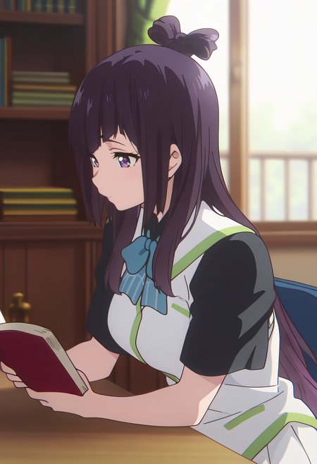 masterpiece, best quality, amazing quality, very aesthetic, absurdres,

1girl, solo, Beach Angels A, long hair, multicolored hair, gradient hair, black hair, purple hair, hair knot, purple eyes, 

school uniform, black shirt, white vest, short sleeves, blue bowtie, white skirt, pleated skirt, frilled skirt, 

at Library, bookshelves, reading a book, table, window,

anime coloring, 

kyoto animation,

