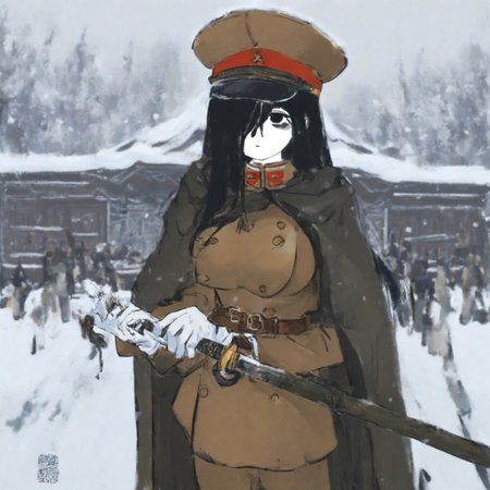 safe_pos, people,characters,style,general tags,rating,masterpiece,best quality,good quality,newest, 1girl,<lora:IJA uniform-v3IL:1>,cape,military,hat,uniform,military_uniform,white gloves,peaked_cap,military_hat,belt,IJA Taisho,IJA officer,IJA peaked cap,cloak,double breasted uniform,leather belt,khaki uniform,gloves, black hair,long hair,large breasts,holding katana,expressionless, hair over one eye,pale skin,outdoors,snow,snowing,winter,east asian architecture,japanese village, sadako yamamura, black eyes,
xiaohuoguo, masterpiece, best quality, highres, absurdres, newest, aesthetic, very awa, long hair, straight hair