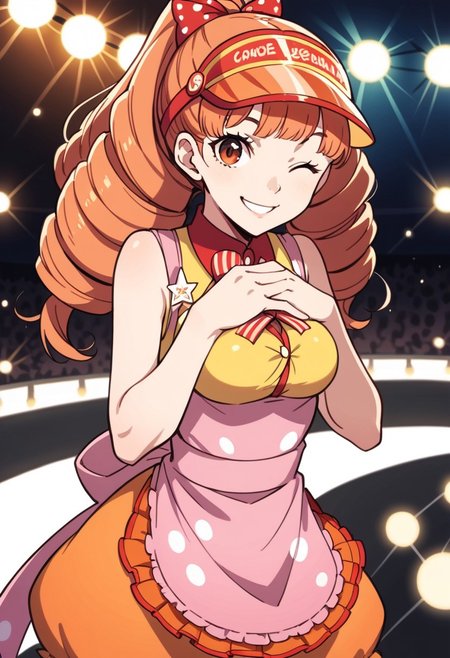 score_9, score_8_up, score_7_up, source_anime BREAK 1girl, solo,
<lora:zs_KanamiXL:1> kanamiidol, orange hair, long hair, drill hair, visor, apron, sleeveless, frilly skirt, puffy shorts
stage, lights, audience, dynamic pose, looking at viewer, smile, wink, hands on chest