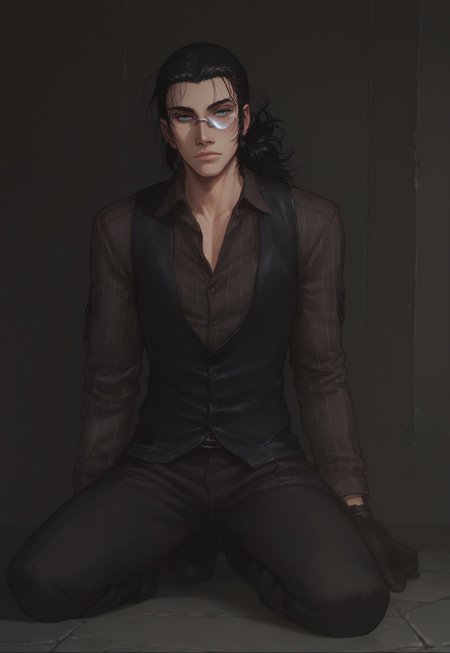 score_9, score_8_up, score_7_up, 1 boy, solo, DarkWalter, blue eyes, black hair, ponytail, full body, looking at viewer