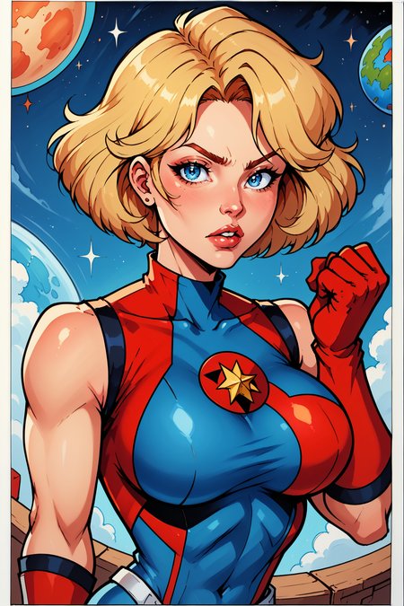 comistylepdxl, 1girl, blonde hair, blue eyes, solo, breasts, gloves, space, planet, two tone bodysuit, red bodysuit, blue bodysuit, bodysuit, looking at viewer, clenched hand, short hair, earth (planet), red gloves, lips, large breasts,  PnyCmicXLPOS, ErthIllustPDXL_POS, <lora:ComicsV3PDXL:1>