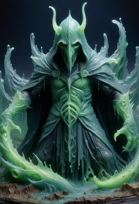 Nazgul, lord of the rings, fantasy, grumpy, covered with ooze, slimy, extremely detailed, hyperrealistic, detailed background, slime-morph