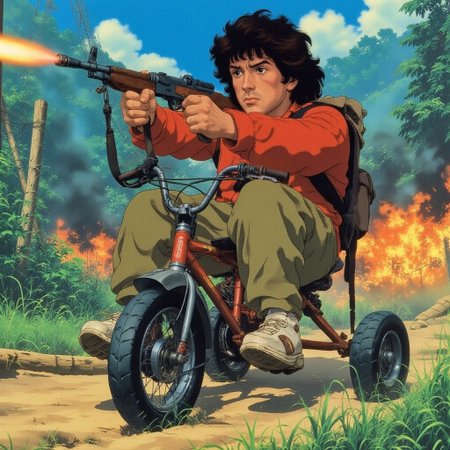 score_9, score_8_up, score_9_up, anime style, rambo, Satllone as Rambo rides a tricycle, red tricycle, small trycicle, shooting a machine gun, machine gun, outdoor, in the jungle,  jungle in the background, explosions in the background, war