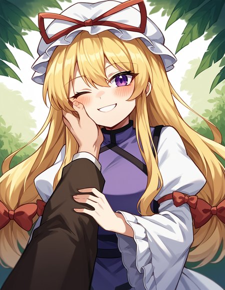 score_9, score_8_up, score_7_up, source_anime, <lora:yukari-yakumo-ponyxl-lora-nochekaiser:1>, yukari yakumo, purple eyes, blonde hair, sidelocks, long hair, hair bow, bangs, multiple hair bows,, dress, hat, hat ribbon, juliet sleeves, layered dress, long sleeves, mob cap, puffy sleeves, purple tabard, tabarad, white dress, white hat, wide sleeves, ying yang, yin yang print,, forest, trees, foliage, wildlife, greenery, smile, <lora:guided-hand-on-cheek-ponyxl-lora-nochekaiser:1>, guided hand on cheek, hand grab, hand on another's cheek, hand on another's face, looking at viewer, pov, pov hands, smile, blush, one eye closed, caress, caressing cheek, looking at viewer, solo,, dutch angle, cowboy shot
