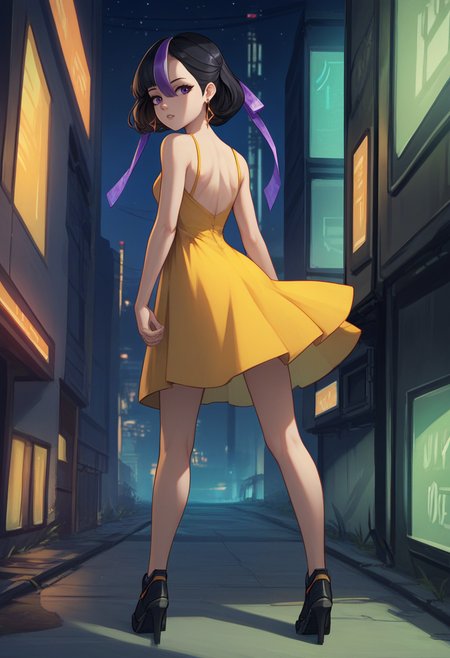 score_9, score_8_up, score_7_up, source_anime BREAK 1girl, solo, standing, <lora:syuen-nikke-richy-v1_pdxl:1> syuen, purple eyes, black hair, streaked hair, short hair, bangs, hair ribbon, earrings, from behind, yellow sundress, outdoors, science fiction,  night, dark, darkness, night sky, looking back, looking at viewer, parted lips, long legs