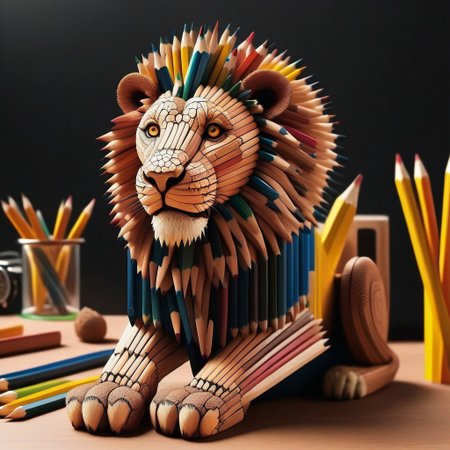 cute lion made out of pencils, office like savannah landscape, Pencil_morph_style