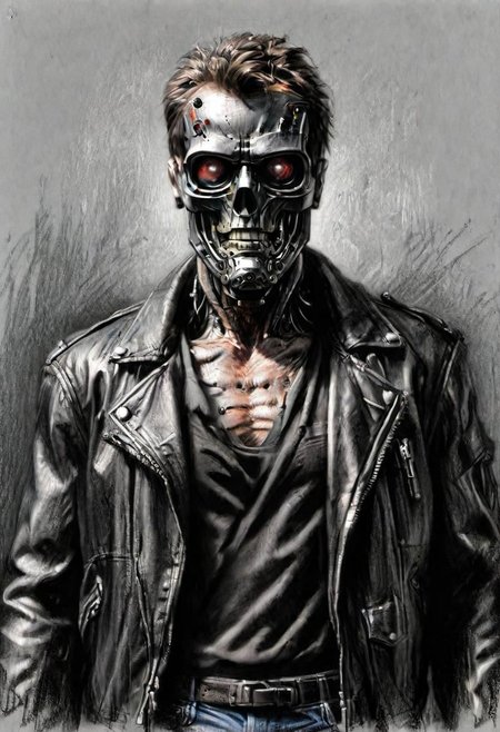(masterpiece), 
A terminator in a leather jacket,
((upper body))
HDR, highly detailed, 32k, 
looking at viewer,