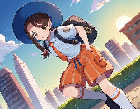 score_9, score_8_up, score_7_up, source_anime,
pokemonjuliana, <lora:pokemon-juliana-ponyxl-lora-nochekaiser:1>
pokemonjuliana, braid, brown eyes, brown hair, hair ornament, hairclip, side braid, single braid, swept bangs,
backpack, bag, black footwear, blue headwear, blue shirt, breast pocket, collared shirt, hat, kneehighs, naranja academy school uniform, necktie, orange necktie, orange shorts, pocket, school uniform, shirt, shoes, short sleeves, shorts, socks, striped, striped shorts, sun hat, white socks,
outdoors, cityscape, bent over,
looking at viewer, cowboy shot, dutch angle,