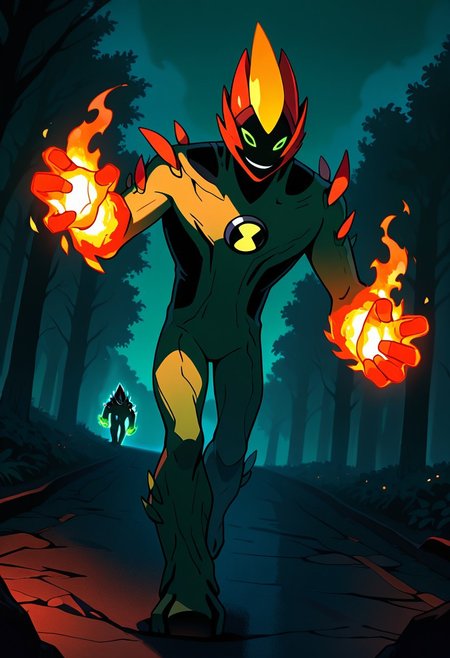 masterpiece, best quality, amazing quality, very aesthetic, absurdres, newest, 
swampfire, colored skin, spikes, colored sclera, 1boy, green skin, green eyes, pokemon (creature), shoulder spikes, no humans, smile,  green background, smiling,,
dark, glowing eyes, fire hands, walking, night time, fire punch,