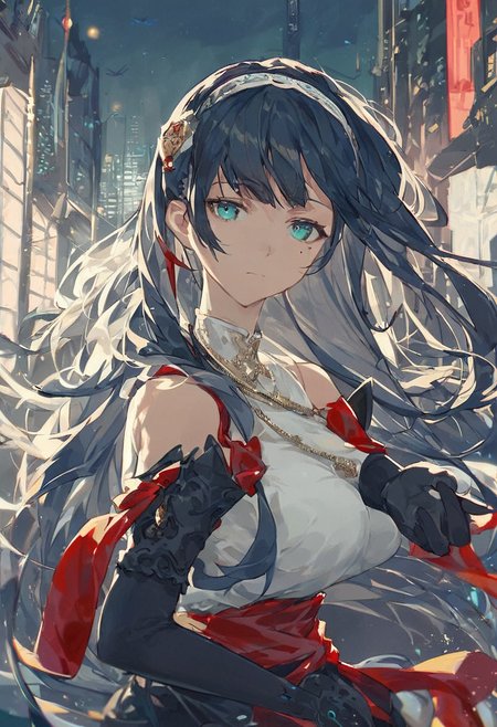 score_9, score_8_up, score_7_up, score_6_up, source_anime, 1girl, solo,   <lora:cantabile-pdxl-nvwls-v1:1> cantabile, dark blue hair, green and blue eyes, mole under eye, very long hair, hair ornament, hairband, necklace, white shirt, sleeveless shirt, red-blue dress, red sash, black gloves, elbow gloves, black thighhighs, upper body, looking at you, expressionless, night, city, portrait, large breasts