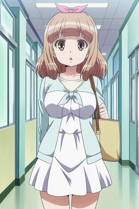 anime coloring, anime screencap, masterpiece, best quality, amazing quality,
in a  school hallway,
 <lora:YÅ«_Naruse_WataMote_No_Matter_How_I_Look_At_It_Its_You_Guys_Fault_Im_Not_Popular:1>
Yu blue and white dress outfit, Yu Naruse, 1girl, solo, bag, handbag, brown eyes, brown hair, casual, :o, cowboy shot, looking at the viewer, hair bow