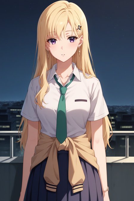 score_9, score_8_up, score_7_up, source_anime, 1girl, prefect lighting, very aesthetic, intricate details, highly detailed background, masterpiece, high quality, prefect hands, best quality, solo,
<lora:Saki_Ayase_Days_with_My_Stepsister_V1:.85>, KJOsaki, blonde hair, purple eyes, long hair, hair ornament, earrings, 
school uniform, jacket tied around waist, loose collared shirt, green tie, black pleated skirt, kneehighs, short sleeves, 
expressionless, looking at viewer, parted lips, head tilt, blush, 
rooftop, night sky, city,
(Beautiful, medium Breasts:1.2), natural breasts,