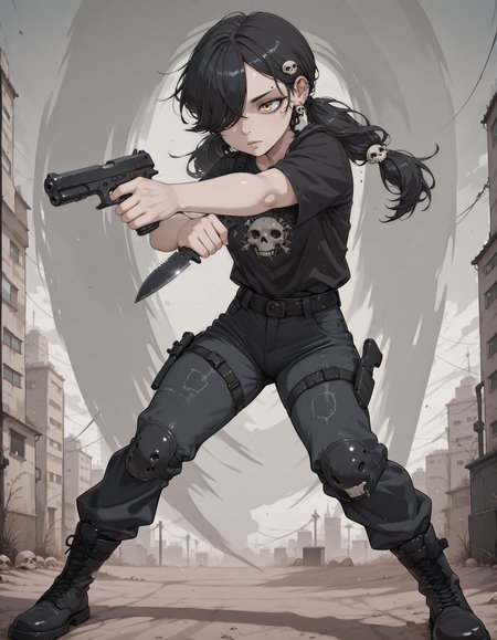1girl, <lora:pistol_x_tac_knife_v1.0-000010:1> pistol_x_tac_knife, holding pistol and knife, finger on trigger, aiming, knife, <lora:Sam_Spartan_My_OC_for_Illustrious:0.5> s4m_sp4rt4n, solo, hair over one eye, black hair, hair ornament, yellow eyes, long hair, twintails, skull hair ornament, earrings, piercing, black shirt, black jeans, boots, abstract background