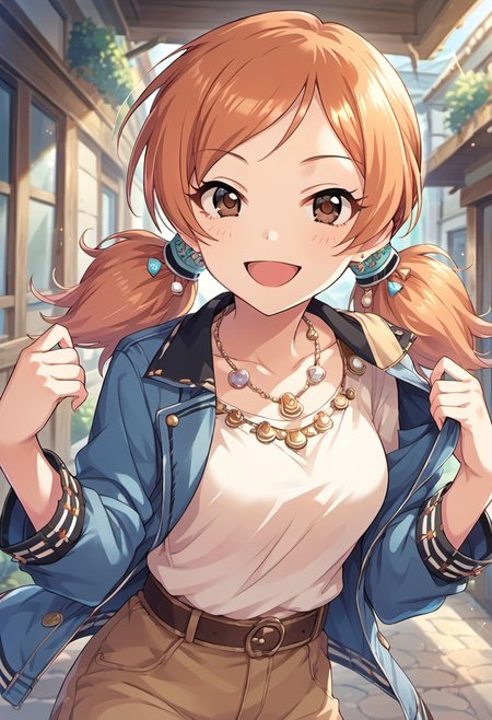 score_9, score_8_up, score_7_up, source_anime,komatsu ibuki, brown eyes, orange hair, 1girl, solo, twintails,jewelry, necklace, smile, open mouth, looking at viewer, hair ornament