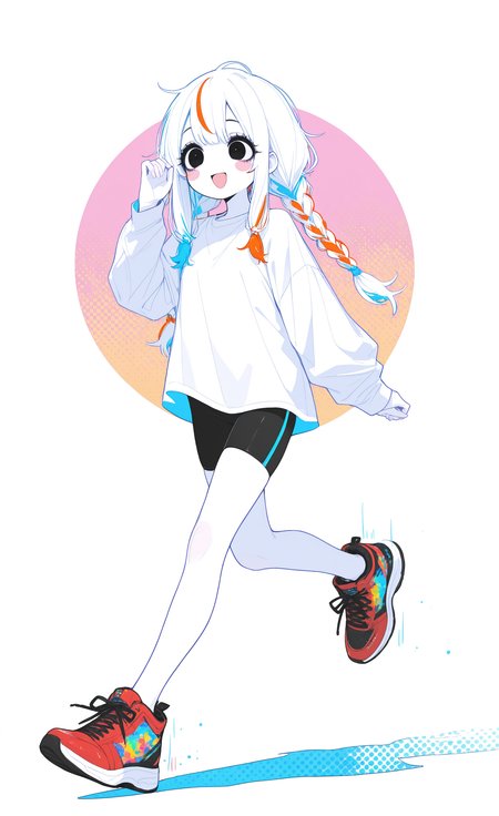 masterpiece, best quality, good quality, newest, highres, absurdres,1girl, solo, long hair, blush, smile, open mouth, simple background, shirt, long sleeves, white background, blue hair, white shirt, full body, white hair, braid, multicolored hair, :d, red hair, shorts, shoes, hand up, orange hair, black eyes, streaked hair, twin braids, shadow, blush stickers, happy, motion lines, sneakers, red footwear, bike shorts, tareme, cross-laced footwear, walking, dot nose, running, no nose, limited palette, halftone, colorful, circle, shoelaces, multicolored footwear, high tops, xxx667_illu, glowing, tfaix, <lora:illustriousXL_stabilizer_v1.23:0.3> <lora:NOOB_vp1_detailer_by_volnovik_v1:0.3> <lora:ponyv6_noobE11_2_adamW-000017:0.3> <lora:XXX667:0.75> <lora:tenebriflora-wai:0.6>