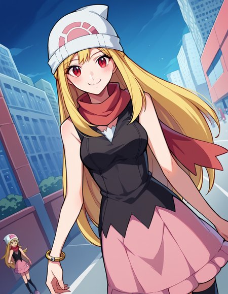 score_9, score_8_up, score_7_up, source_anime, <lora:kaibutsuoujo-liliane-s1-ponyxl-lora-nochekaiser:1>, liliane, long hair, blonde hair, red eyes, very long hair, tiara, medium breasts,, <lora:dawn-pokemon-cosplay-ponyxl-lora-nochekaiser:1>, dawnpokemoncosplay, dawn (pokemon) (cosplay), bare shoulders, beanie, black shirt, black socks, bracelet, hat, jewelry, kneehighs, miniskirt, pink skirt, red scarf, scarf, shirt, skirt, sleeveless, sleeveless shirt, white headwear,, cityscape, street, smile, blush,, , dutch angle, cowboy shot