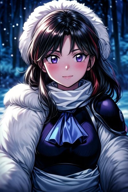 1girl Setsun4 solo long hair,  black hair very long hair purple eyes multicolored hair armor (fur trim) (medium body),<lora:EMS-179-EMS:0.800000>,<lora:EMS-293862-EMS:0.800000> bow, hair_bow, hair_tubes, red_bow, brown_hair, long_hair, bangs, ascot, frilled_bow, yellow_ascot, blush, smile, hair_between_eyes, athletic, (masterpiece:1.1), (best quality:1.1), 1girl, Real light and shadow, anime face, 4k, 8k, wallpaper,epic, detail texture, blonde hair, (blue eyes:1.5), ((((blond hair:1.35, medium hair)))),intricate eyes,beautiful detailed eyes,symmetrical eyes,big eyes:1.5,(((lustrous skin:1.5,bright skin: 1.5,skin tanned,shiny skin,very shiny skin,shiny body,plastic glitter skin,exaggerated shiny skin,illuminated skin))),(detailed body,(detailed face)), cute, erotic,daring, (((medieval man armor,adventurer man armor,winter coat))),(((intricate outfit,intricate clothes, ushanka, embroidered outfit,ornate outfit,embroidered clothes,ornate armor))), (dynamic pose:1.0),happy,smile,(centered,scale to fit dimensions,Rule of thirds), ((snowy pine forest at night)), with dark stormy clouds,winter,scenery:1.25,((snow forest background)),Christmas tree, highres,sharp focus,(ultra detailed,extremely detailed),(photorealistic artwork:1.37),(extremely detailed CG unity 8k wallpaper),(((vibrant colors,vibrant theme))),(intricate),(masterpiece),(best quality),