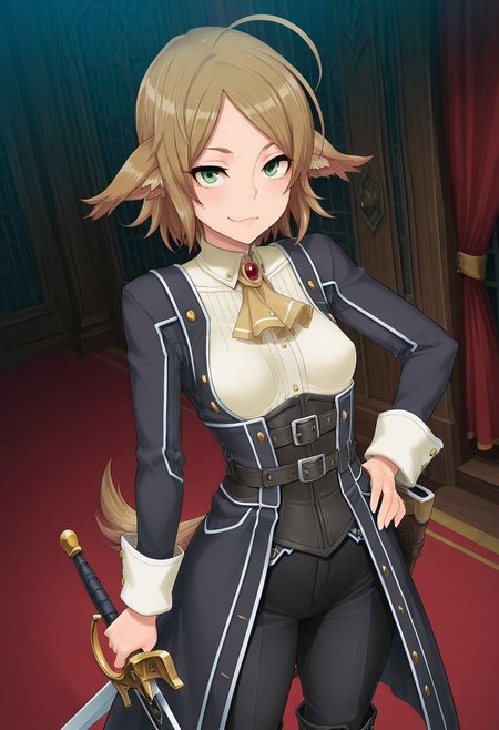 (1girl, solo) noa riads, animal ears, Green Eyes, tail, brown hair, short hair, Pretty eyes, , 1girl, solo,, brown hair,, fluffy tail, ahoge, animal ears, dog ears, small breasts, swept bangs , green eyes, animal ears, tail, , ,
Eye focus , shiny skin, shiny body, shiny hair, (best quality) , (highly detailed) ,((masterpiece)), ((best quality)), (ultra-detailed), ((extremely detailed)), (high resolution), 4K, (8K), best quality, (beautiful), (dynamic lighting), (super detailed skin), sharp focus,detailed eyes、detailed face and detailed skin detailed eyes、detailed face and detailed skin,  , clear skin, shiny hair, ultra detailed eyes, depth of field, sharp, intricate details, hyperdetailed, , 
, best quality, (beautiful), (dynamic lighting)  (standing, 3/4 view), perfect face, beautiful face, defined cheekbones, defined jawline, confident expression, narrow eyes, one hand on hip, perfect hands, black coat with decorative golden symbols, black leather underbust corset, black trousers, black boots, sword, sword on hip,(Pirate King), black coat with decorative golden symbols, black leather underbust corset, black trousers, black boots,
  ,, shindol style