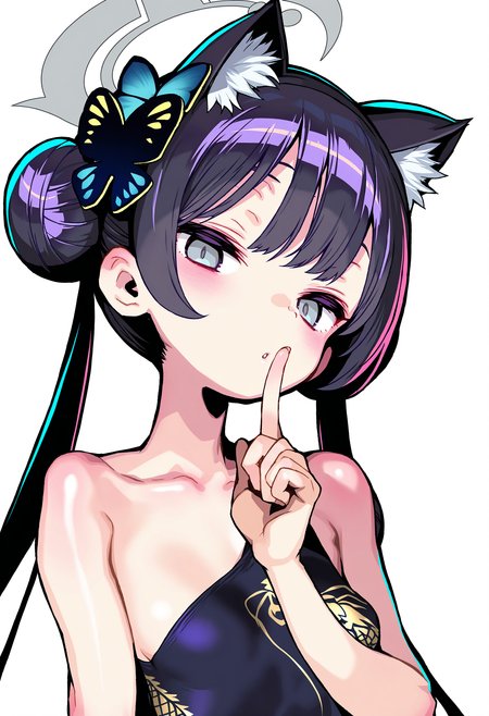 masterpiece, best quality, good quality, very awa, very aesthetic, absurdres, newest,onono imoko,kisaki \(blue archive\),1girl, animal ear fluff, animal ears, breasts, butterfly hair ornament, cat ears, collarbone, double bun, finger to mouth, grey eyes, grey halo, hair bun, hair ornament, halo, index finger raised, kemonomimi mode, long hair, shushing, simple background, small breasts, solo, upper body, white background
,<lora:dohna_dohna:0.5>