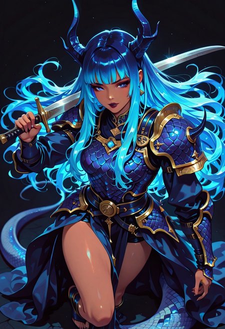 masterpiece, best quality, good quality, very aesthetic, absurdres, newest, 8K, depth of field, focused subject, in the style of cknc, artist:moriimee, in the style of cksc, BREAK
asian young demon woman, dark skin, bangs, long flowing bright blue bioluminescent hair, dragonscale armour, holding scimitar, dynamic pose, sexy, seductive, posing, dark background, silhouetted, directional lighting, viewed from above
