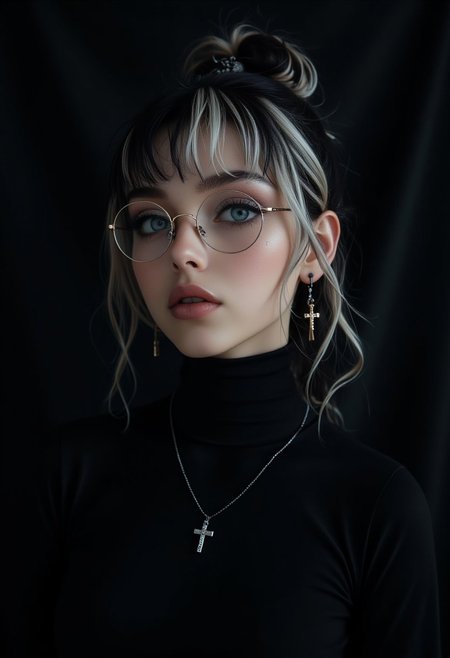 a cute woman, wearing skin tight black turtle neck, round glasses, blue eyes, black hair, white hair, multicolored hair, goth makeup, cross earrings, cross necklace, soft lighting, dark background, high-resolution, (hi-top fade), (dark theme:0.9), soothing tones, muted colors, high contrast, (natural skin texture, hyperrealism, soft light, sharp)