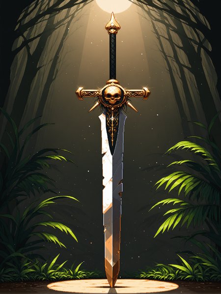planted sword, weapon focus, general,
pixel art, sprite art, dutch angle, nature background, full body, solo, (skull ornament:0.4), (rust:0.5), shiny, feathers, light particles, spotlight, 
,masterpiece,best quality,amazing quality,