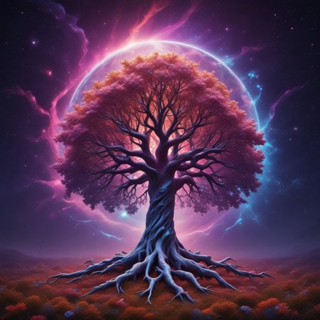 white huge tree grows from the black hole in the center of galaxy, fluorescent leaves, white glowing bark, alien colorful planets grow on branches of the tree, life energy flows through the roots of the tree, space, cosmic scenery, clouds of cosmic dust around, black background, hyperrealistic, photorealistic, atmospheric scene, depth of field, 8k quality, extreme detailed, colorful, award-winning masterpiece, abstract beauty