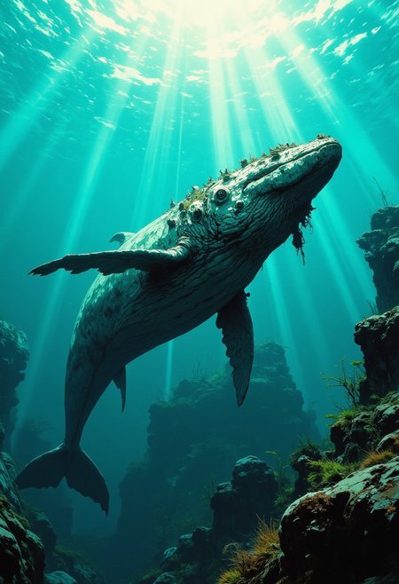 cinematic film still award winning photo.A ivory colored whale with several barnacles on it, swimming in the translucent blue ocean. Sunrays penetrate the water and illuminate the seaweed, vignette, highly detailed, high budget, bokeh, cinemascope, moody, epic, gorgeous, film grain, grainy,anime, cyberpunk, Comic book style, CAICO