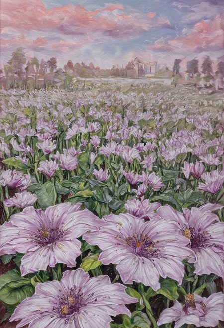 Violet sunset, flowers, dahlia, tulips, daisies,
painterly, traditional media, realistic,